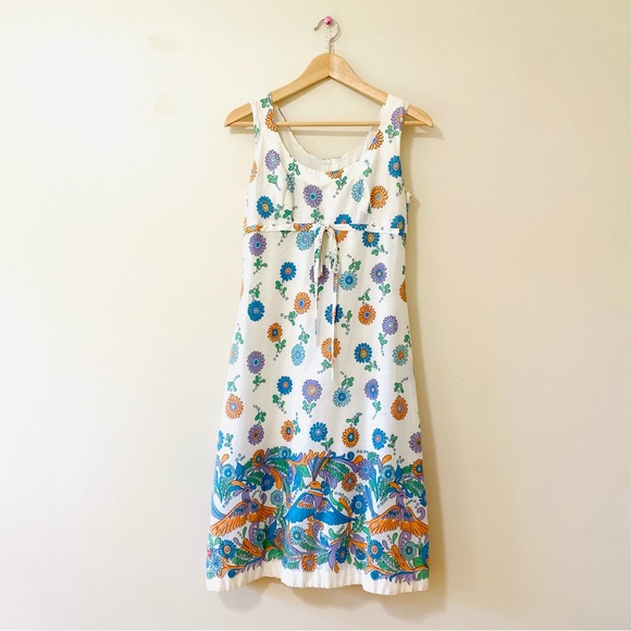 Vintage 60s Dress Retro Flower Power Hippie Bird Sleeveless A-Line Empire Waist - Picture 1 of 8